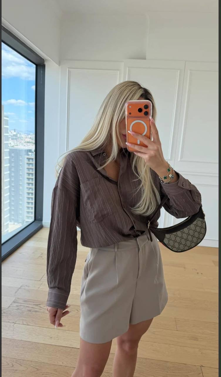 Oversize Tensel Çizgili Gömlek