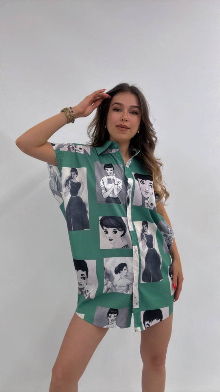 Oversize Pop Art Desenli Kısa Kollu Tunik Gömlek