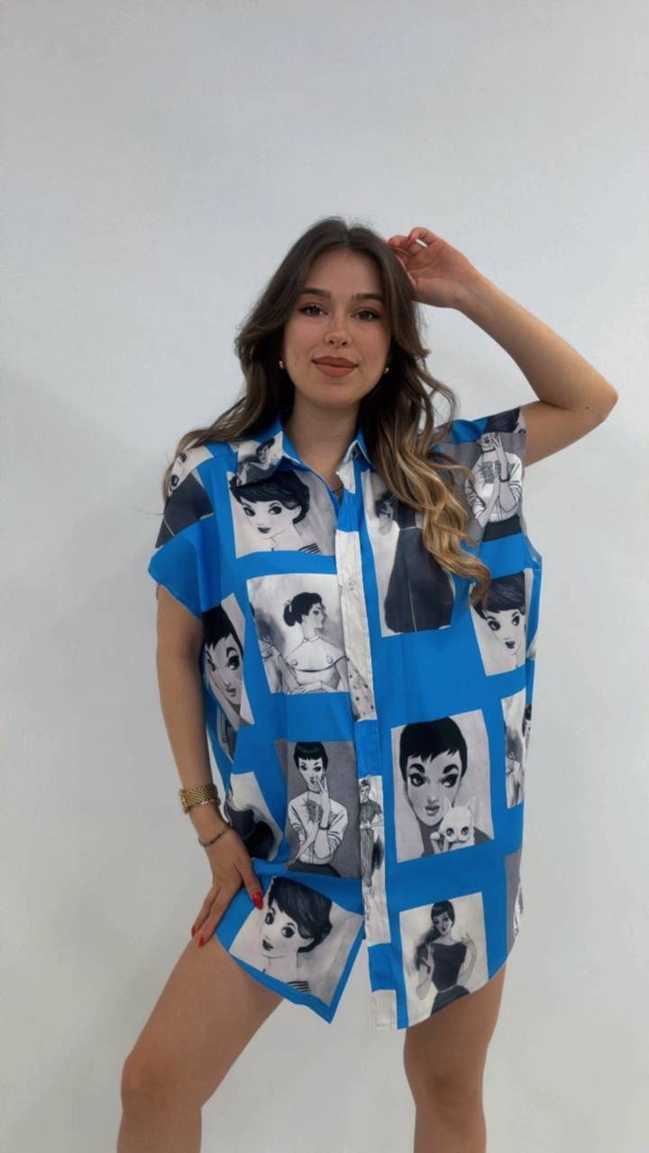 Oversize Pop Art Desenli Kısa Kollu Tunik Gömlek