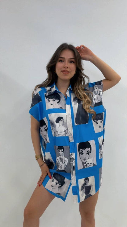 Oversize Pop Art Desenli Kısa Kollu Tunik Gömlek