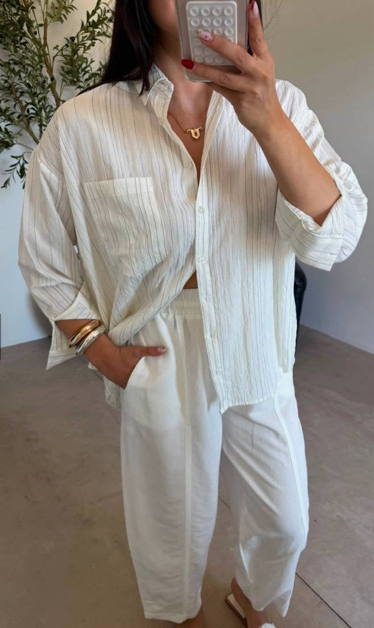 Oversize Tensel Çizgili Gömlek