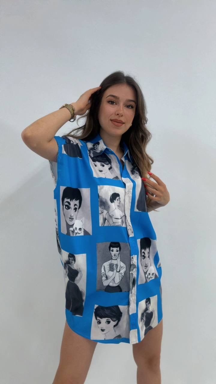 Oversize Pop Art Desenli Kısa Kollu Tunik Gömlek