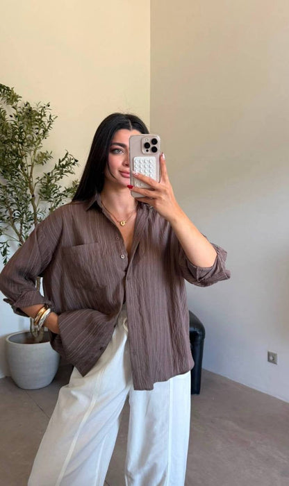 Oversize Tensel Çizgili Gömlek
