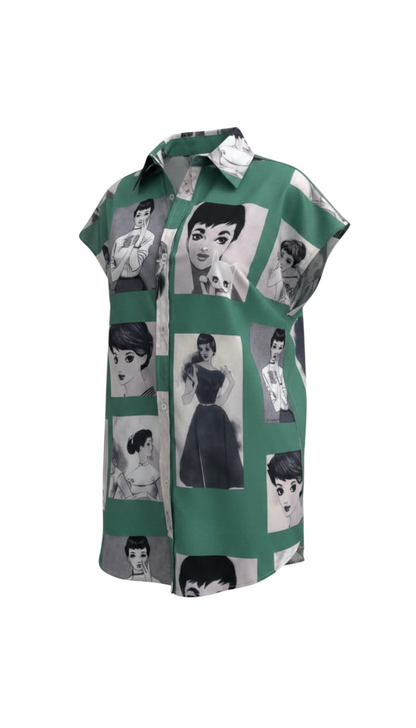 Oversize Pop Art Desenli Kısa Kollu Tunik Gömlek