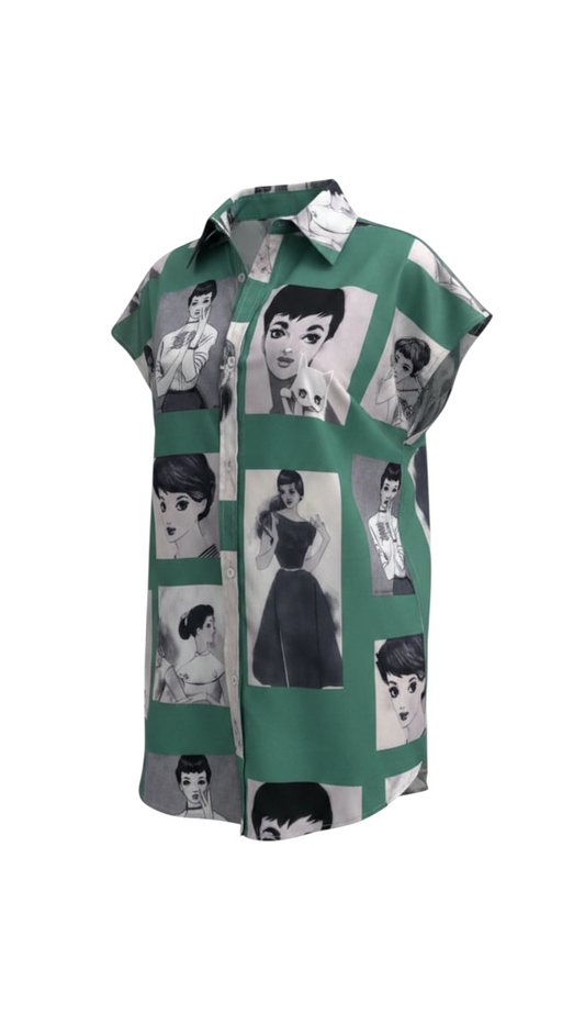 Oversize Pop Art Desenli Kısa Kollu Tunik Gömlek